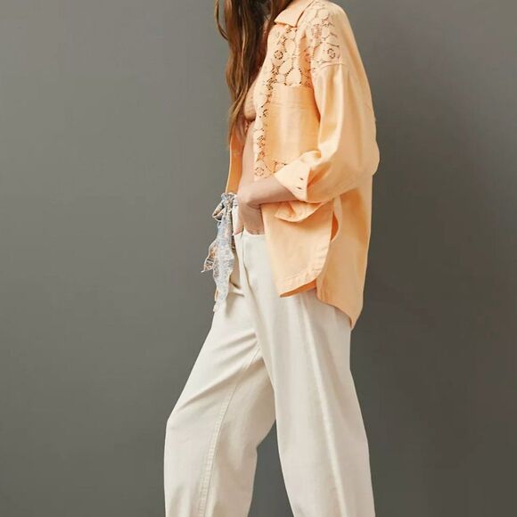 Maeve Crochet Orange-Peach Button Down Shirt XS - Picture 2 of 9